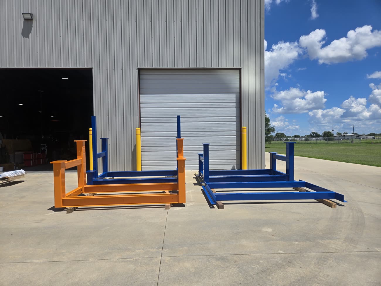 Powder-coated structural steel stand fabricated in-house