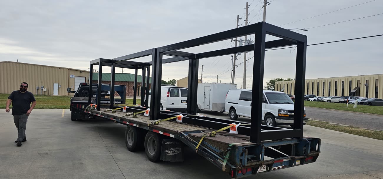 Heavy welded structural steel frame on flatbed for delivery